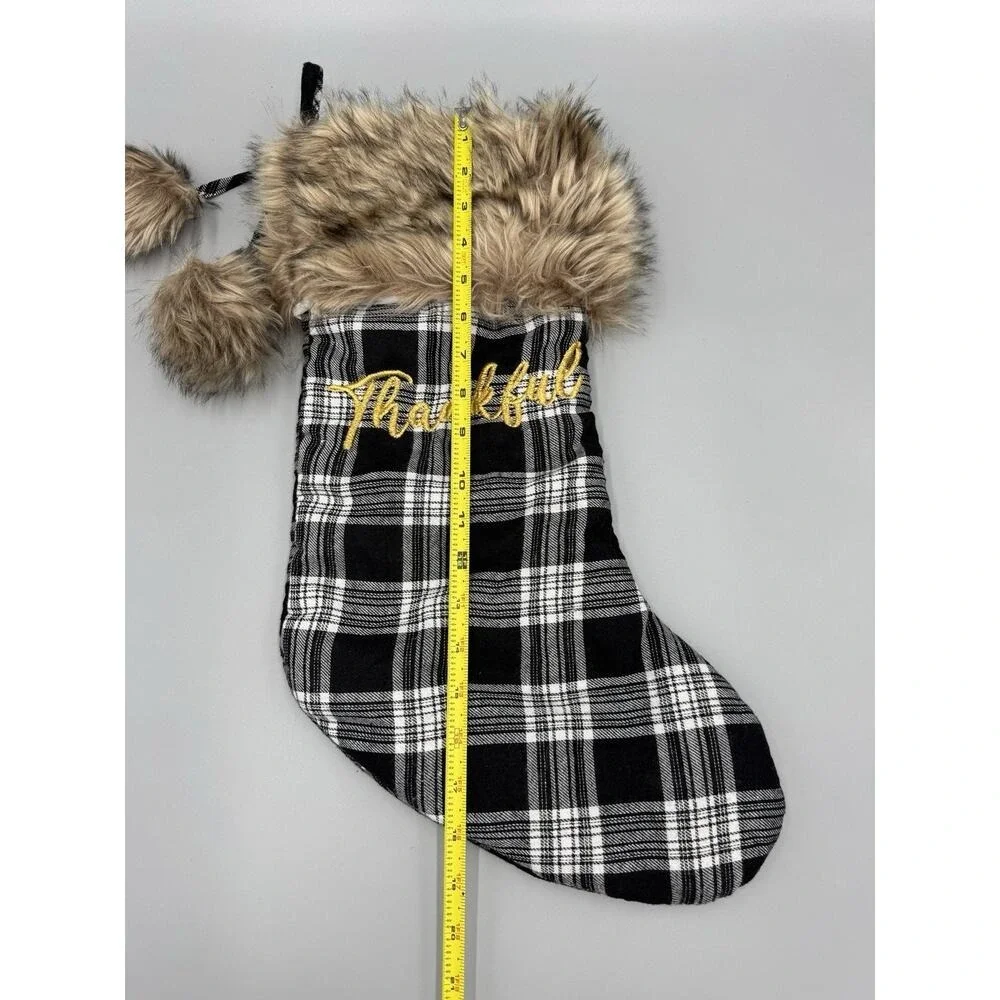 Christmas Stocking With Faux Fur Black & White Plaid 